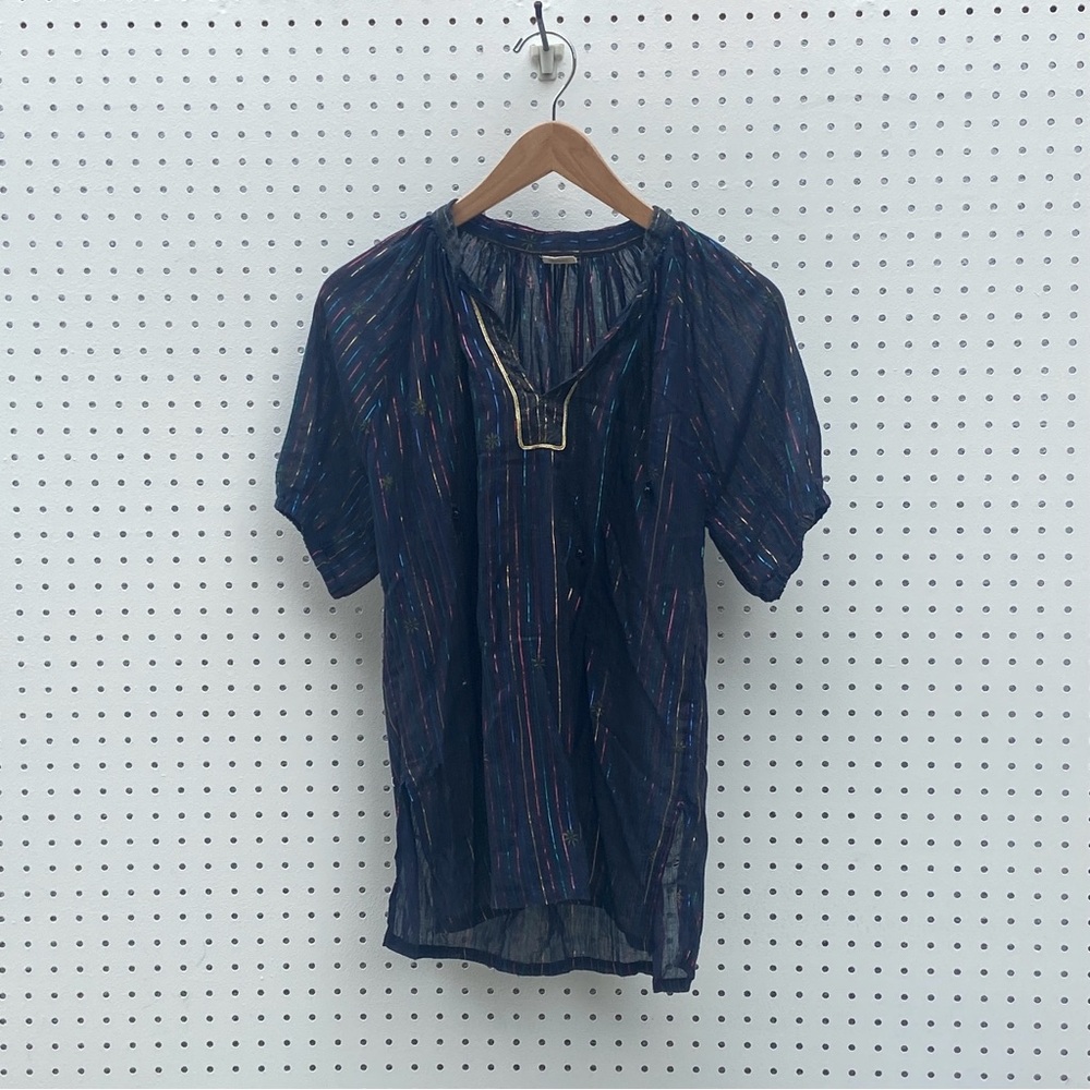 Vintage navy floral print blouse with metallic stripes